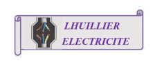 Logo Lhuillier Électricité avec câbles électriques colorés sur un fond en forme de parchemin violet et gris.